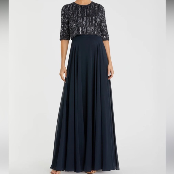 MAC DUGGAL 9180 Chiffon Gown w/ Fully Beaded 3/4 Sleeve Top Size 14 NWT - Picture 1 of 7